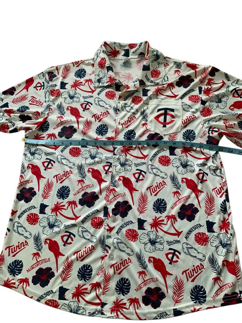 Margaritaville Minnesota Twins  Button-Up w/ Red & Navy Tropical Print - Picture 3 of 6